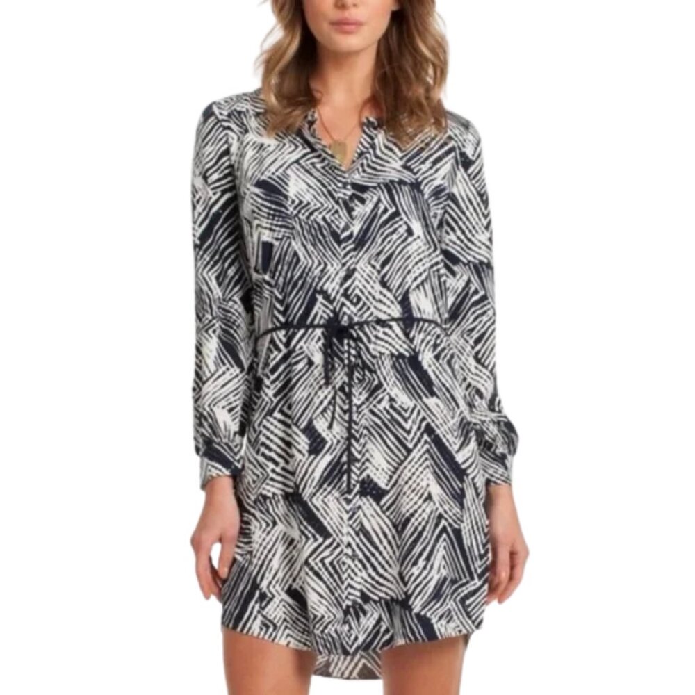 TRINA TURK Shift Dress Button Front Long Sleeve Navy Blue White Geometric Print